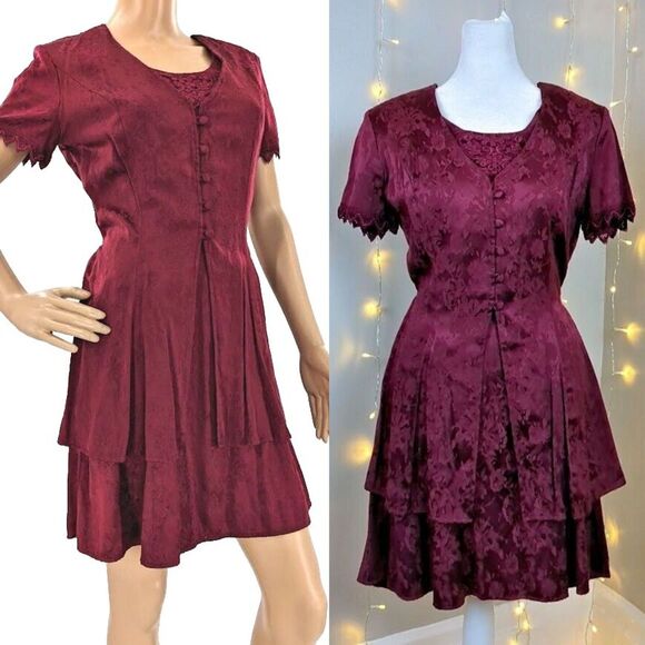 Vintage 1990s Mini Dress Floral Crochet Maroon Satin Empire WhimsiGoth Jr's 5 - Picture 2 of 16